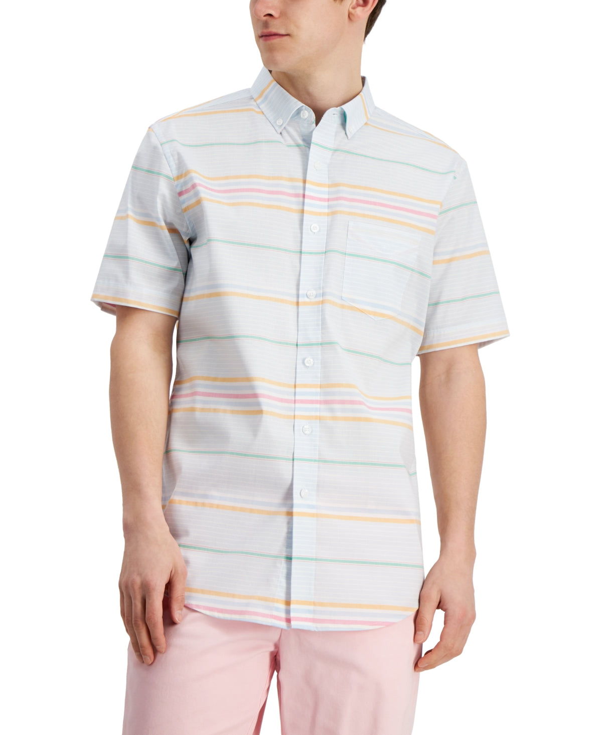 Club Room Men's Regular Fit Striped Short Sleeve Button Down Shirt  Blue XXL