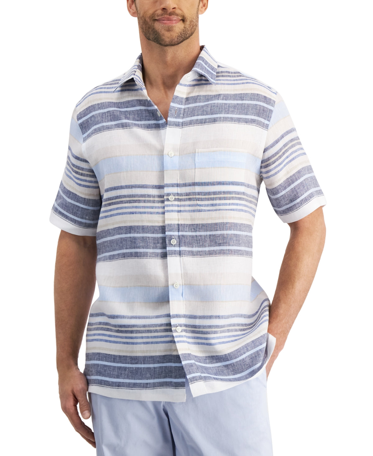 Club Room Mens Button Down Shirt Striped Print Shirt Navy Blue Combo Small