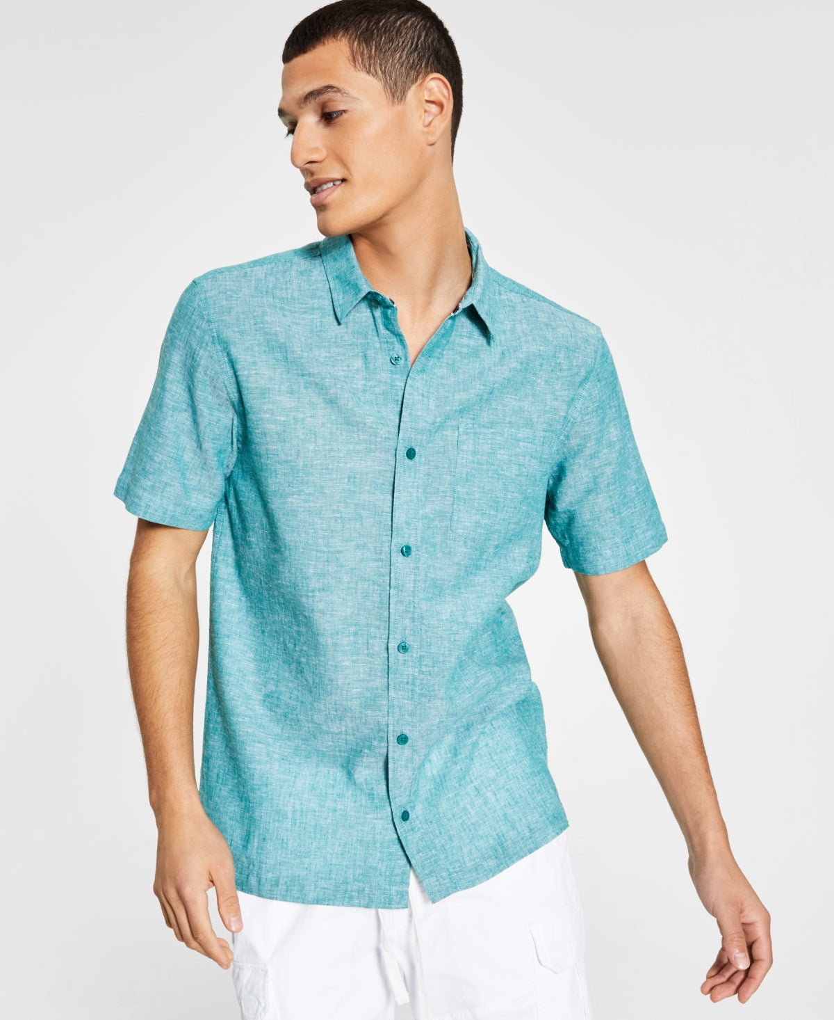 Sun + Stone Mens Declan Regular fit Linen Shirt Green Large