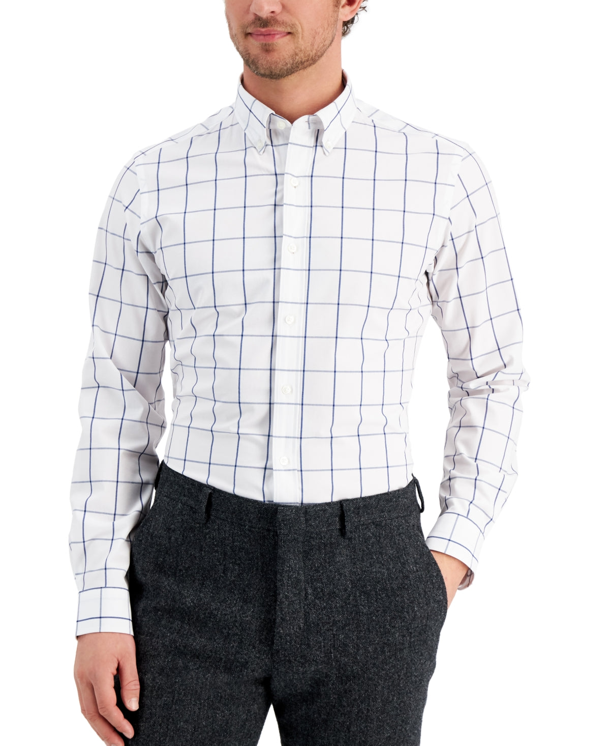 Club Room Men's Blue White Windowpane Button Down Dress Shirt Small