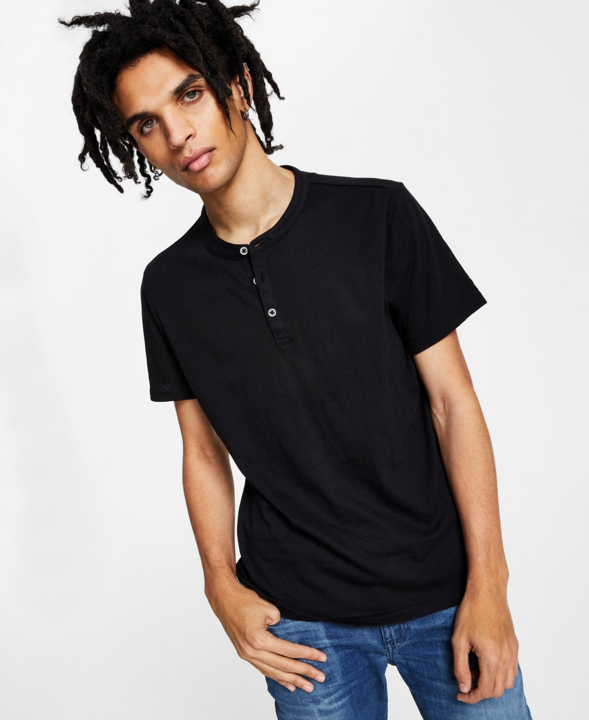 International Concepts Men's Short Sleeve Henley Shirt Deep Black XL