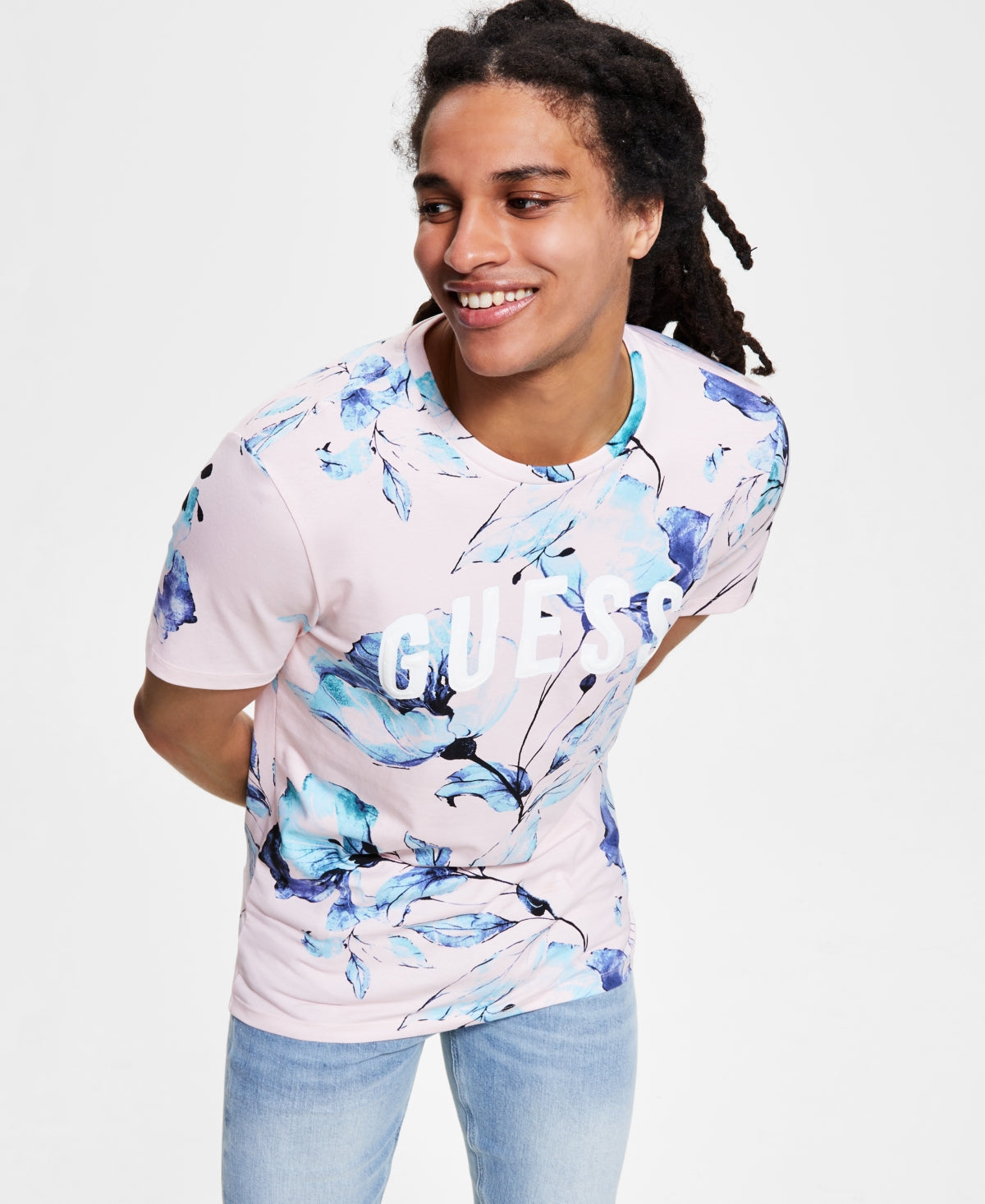 Guess Men's Puff Logo print T shirt  Blue Peonia On Blush Xl