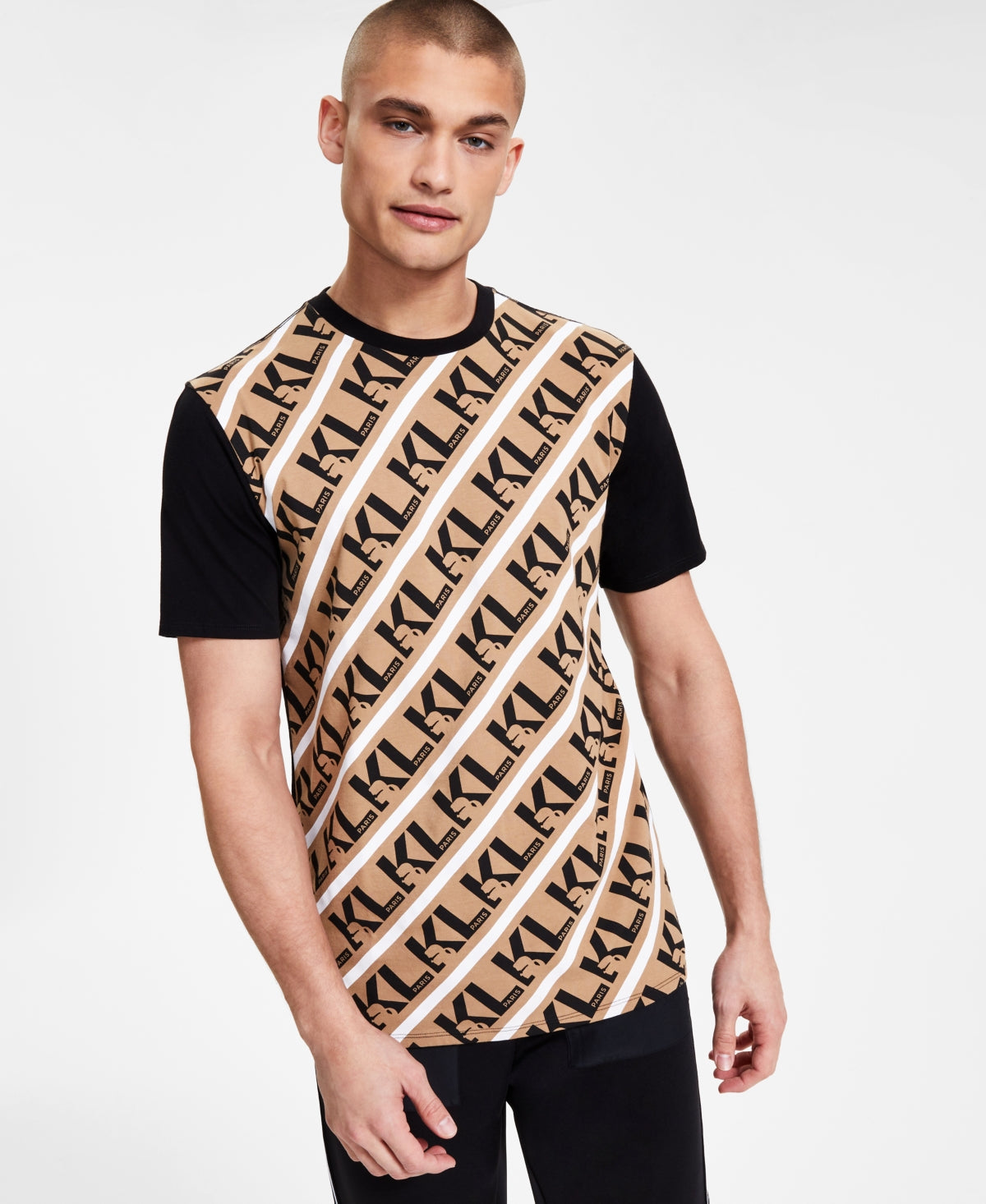 Karl Lagerfeld Paris Mens All Over Logo T Shirt Sand Medium