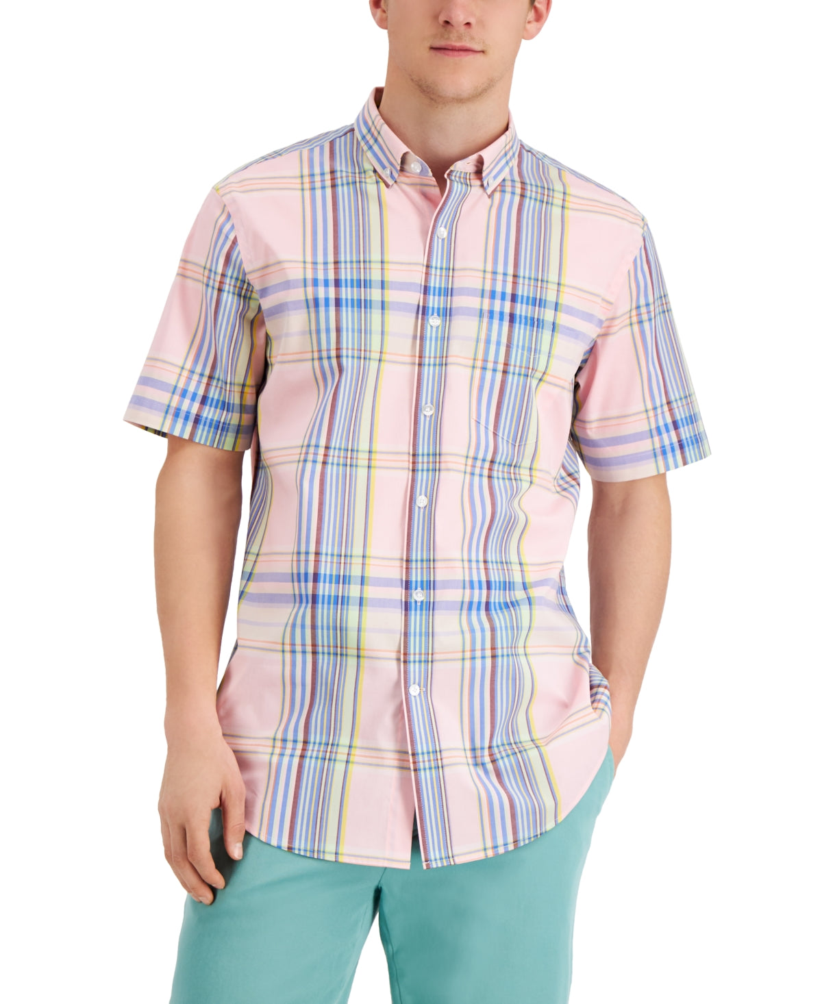 Club Room Mens Plaid Short Sleeve Button Down Shirt Pink Small