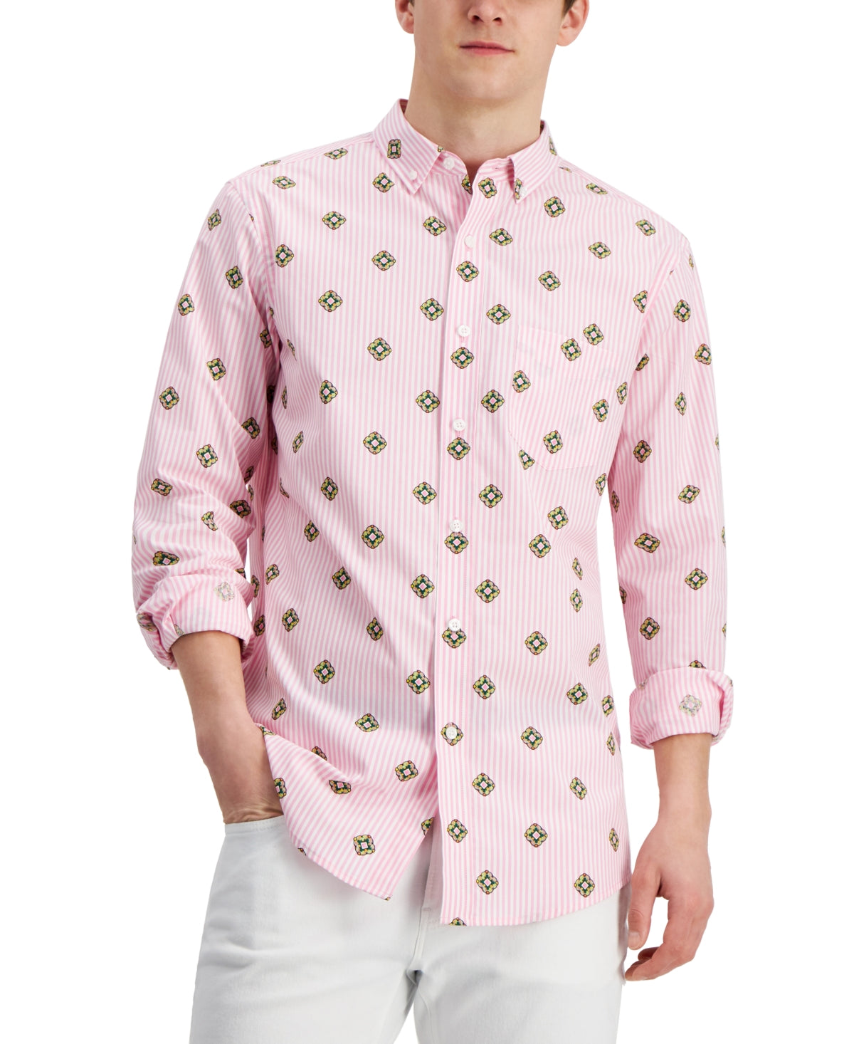 Club Room Mens Crest Print Button Down Shirt Pink Sky Small