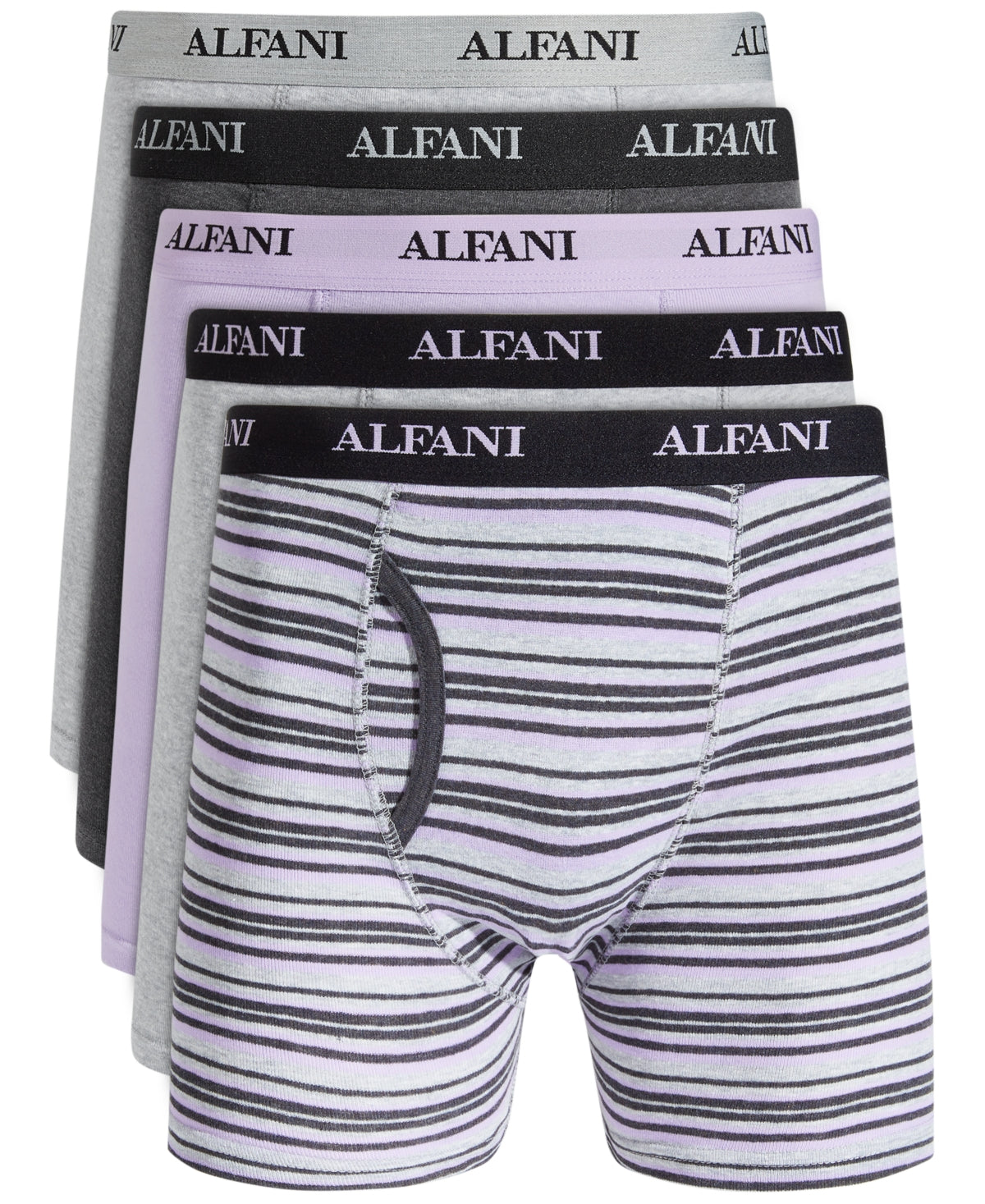 Alfani Men's 5 Pack Stripe & Solid Boxer Briefs Medium Grey / Purple Mauve