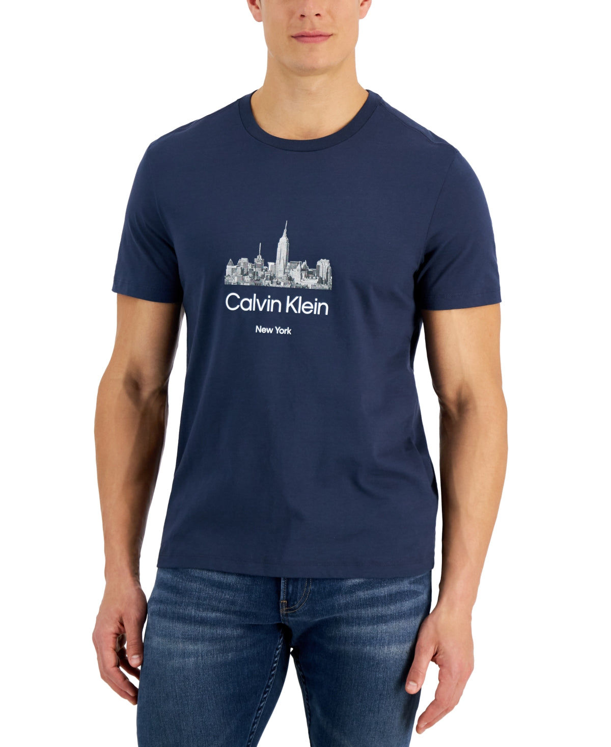 Calvin Klein Mens Relaxed Fit Logo Graphic Print Short Sleeve T-Shirt Blue Small