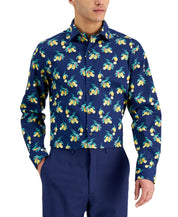 Bar III Mens Lemon-Print Button Down Dress Shirt Navy Yellow Large