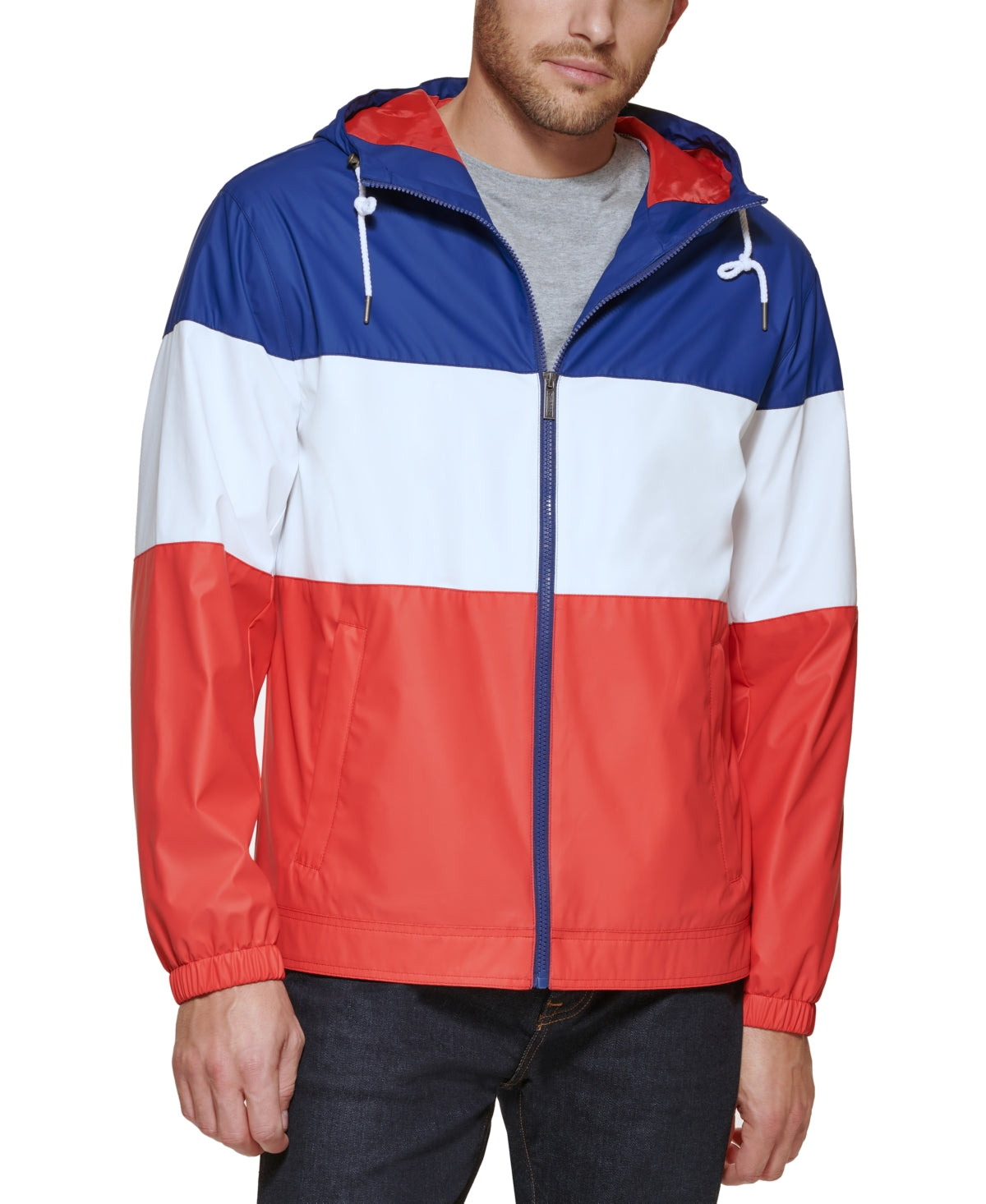 Club Room Men's Lightweight Hooded Rain Jacket  Navy/White/Dusty Red  Medium