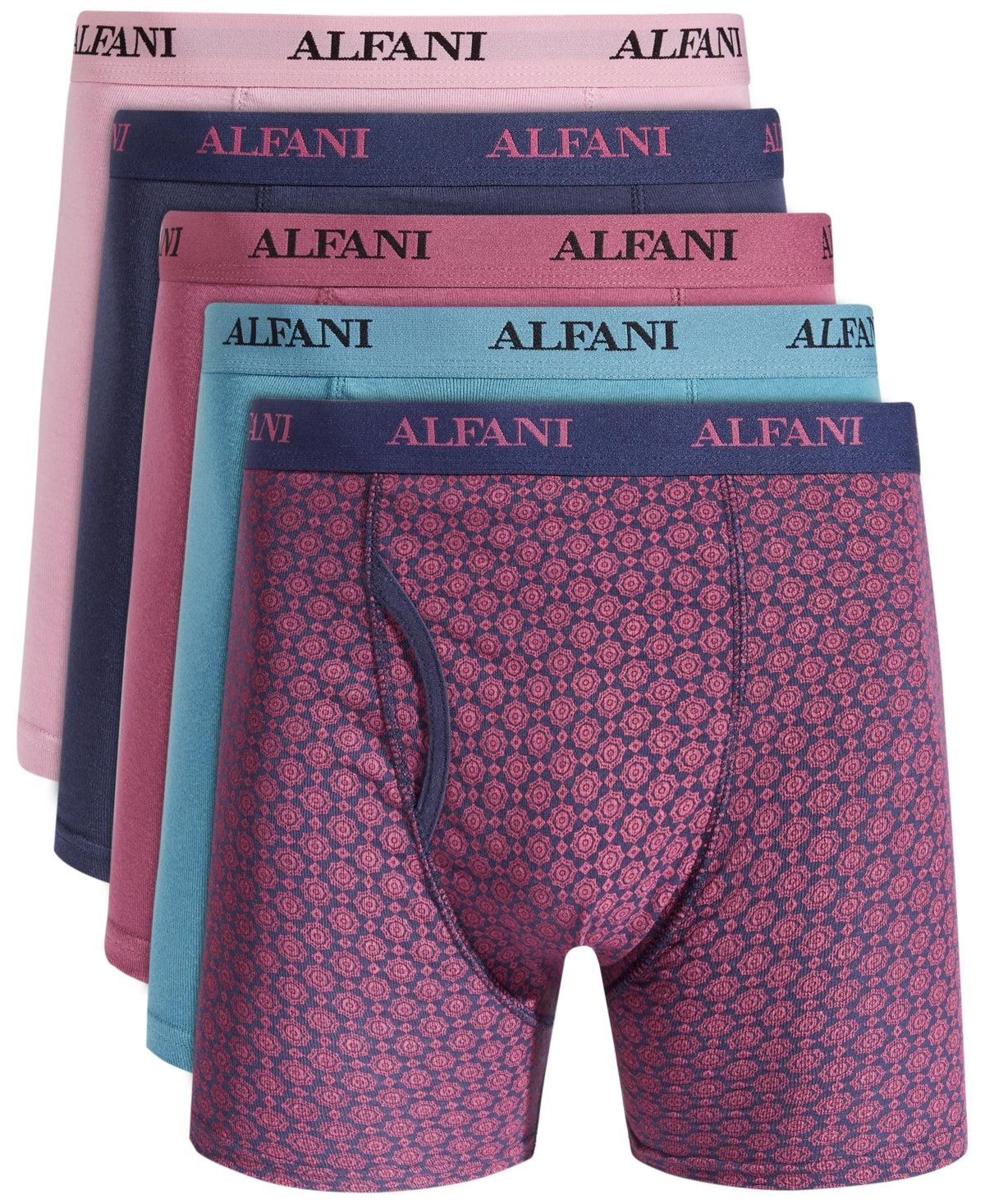 Alfani Men's 5 Pack Medallion / Solid Boxer Briefs Mauve Combo Large