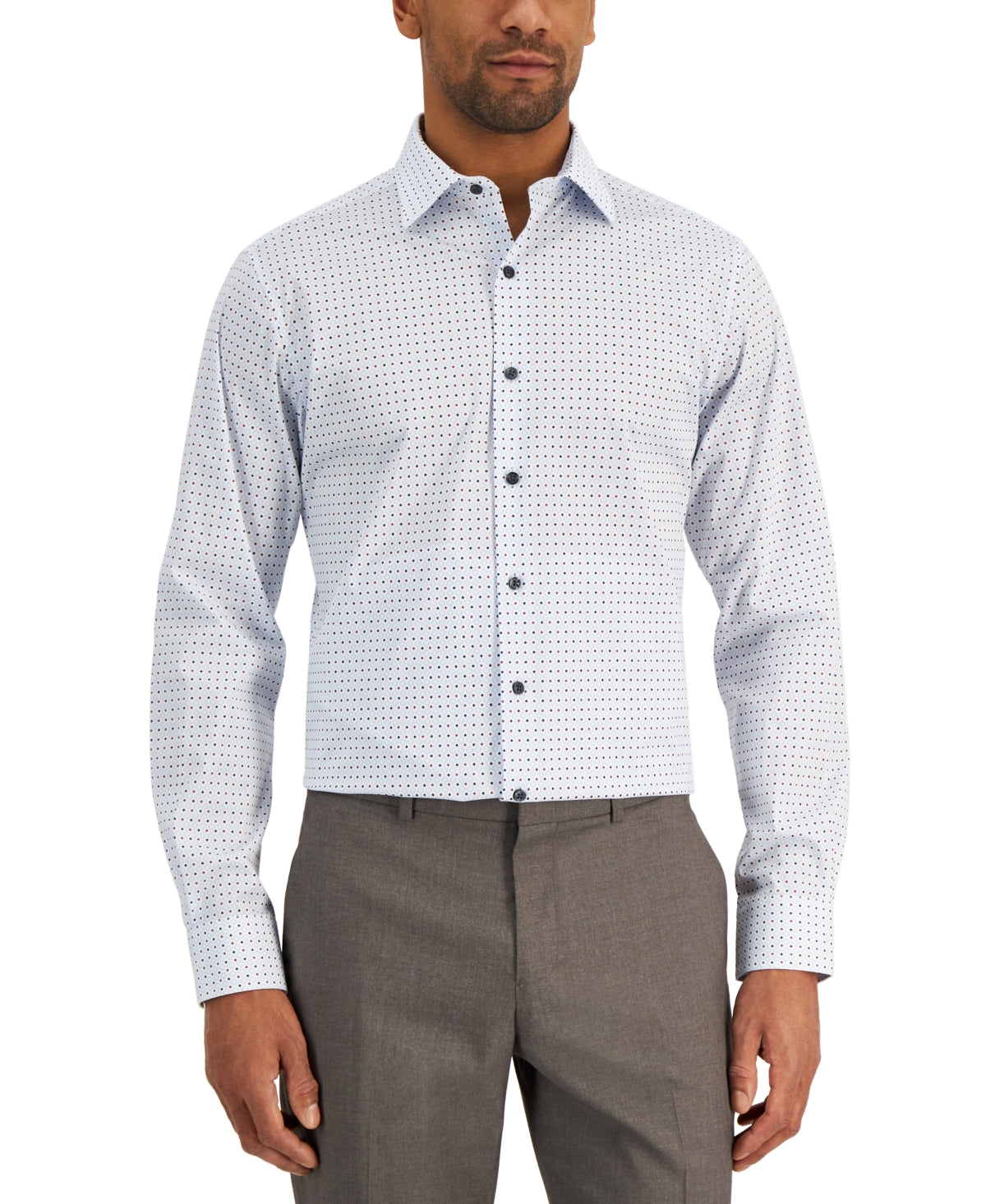 Alfani Mens Geo-Print Dress Shirt White Blueberry 14-14.5 32-33