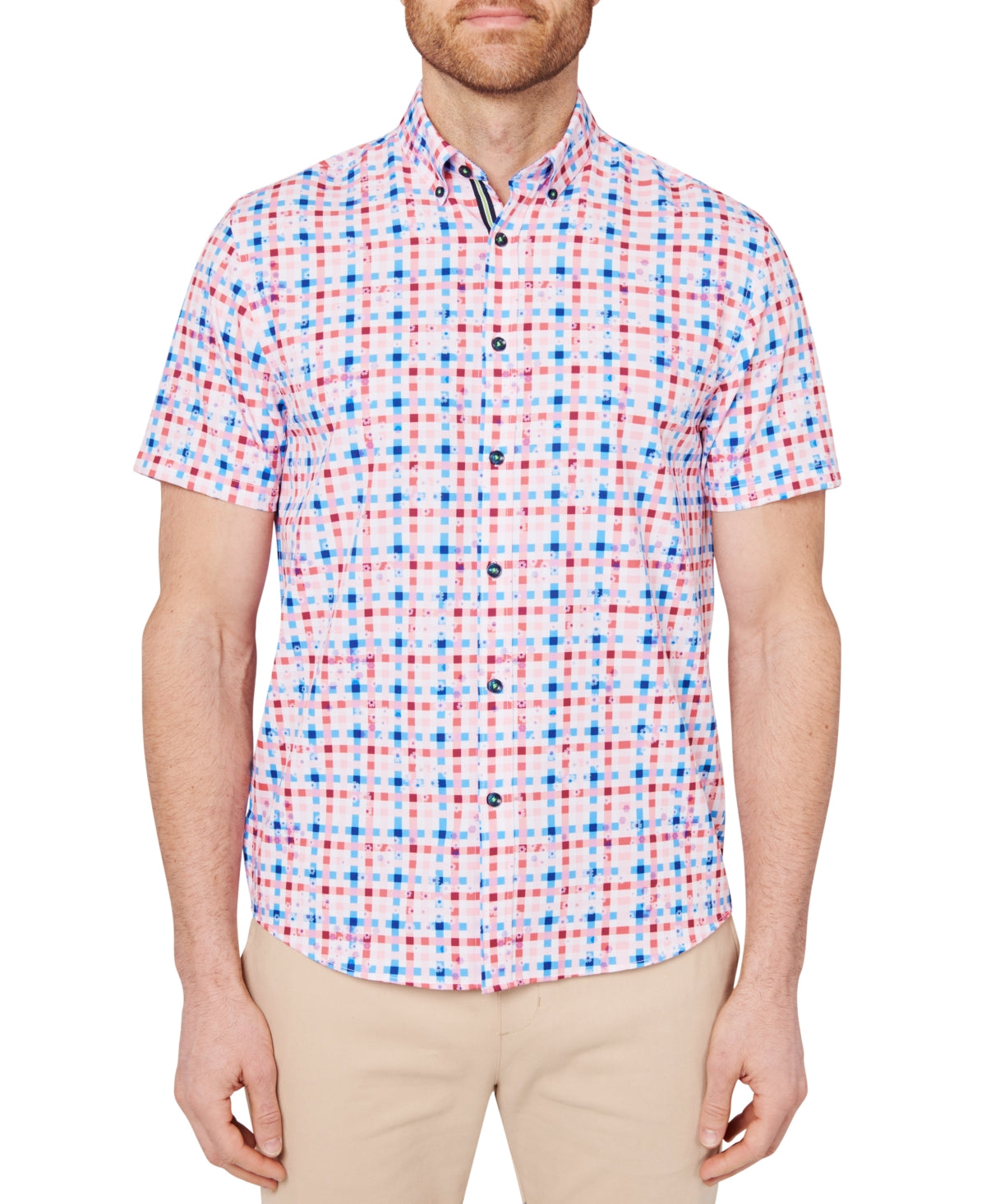 Society of Threads Mens Slim Fit Short Sleeve Button Down Shirt Floral Red Small