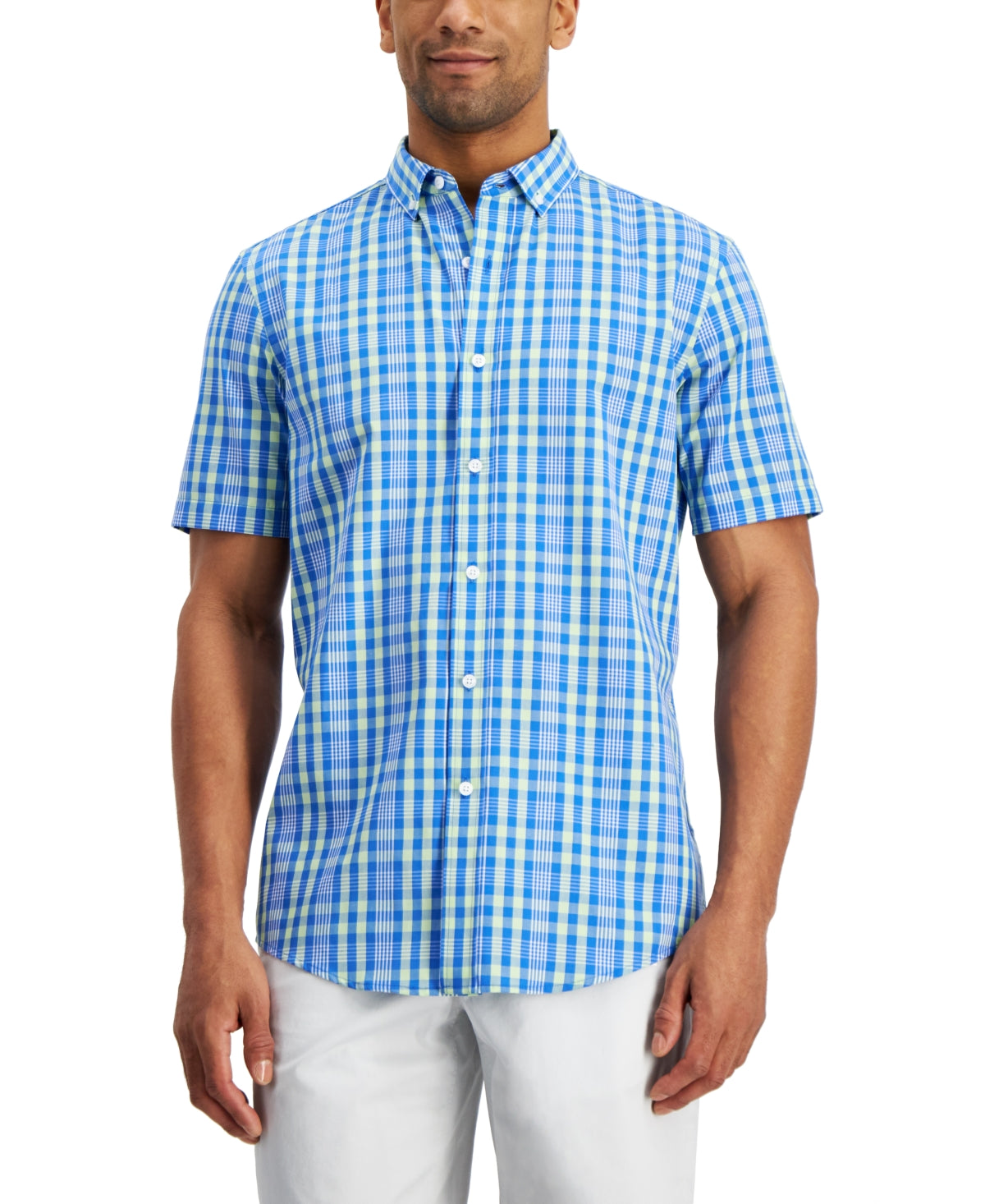 Club Room Men's Short Sleeve Printed Button Down Shirt Blue Small