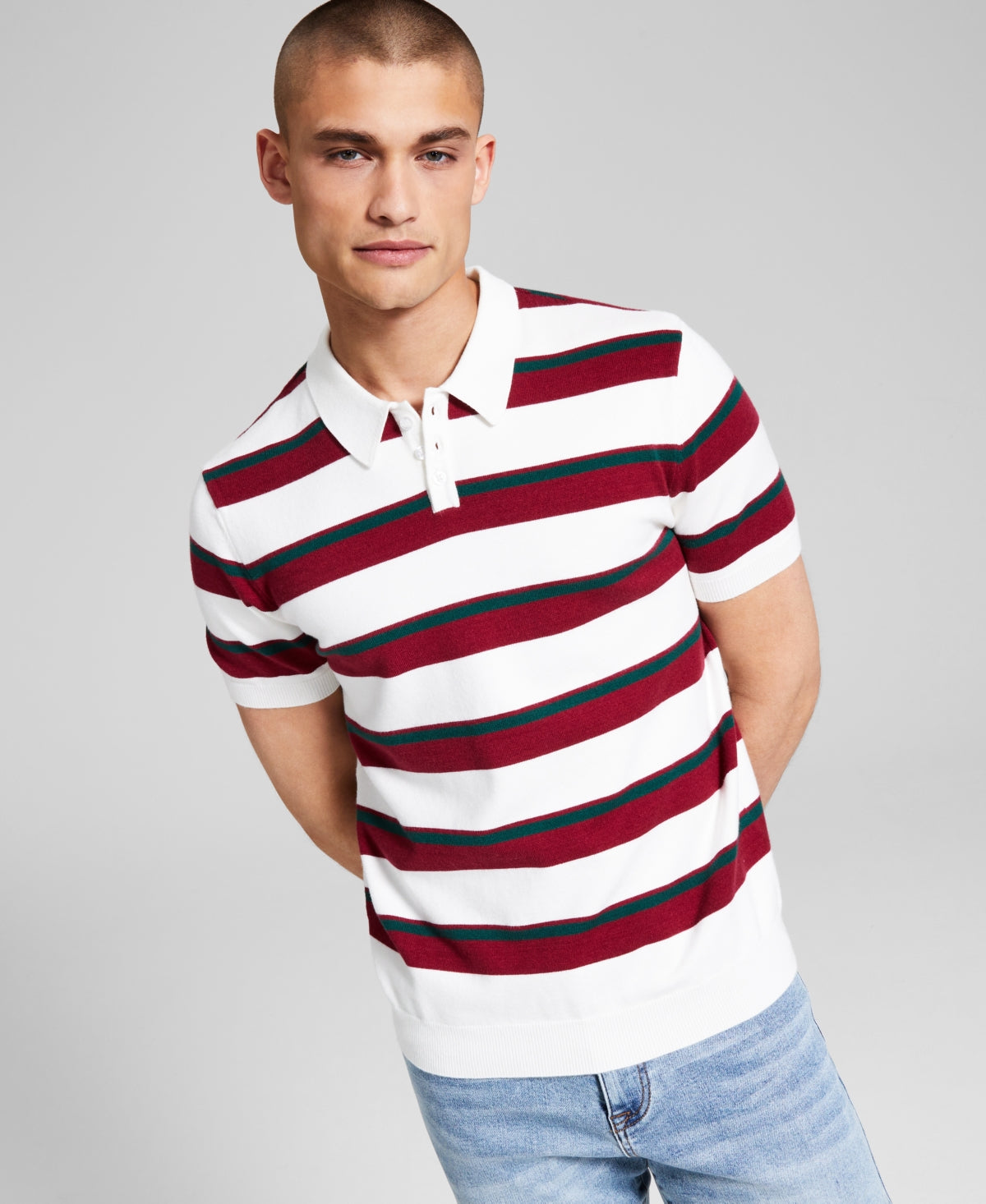 And Now This Men's Stripe print Polo Sweater  Red Now This Red