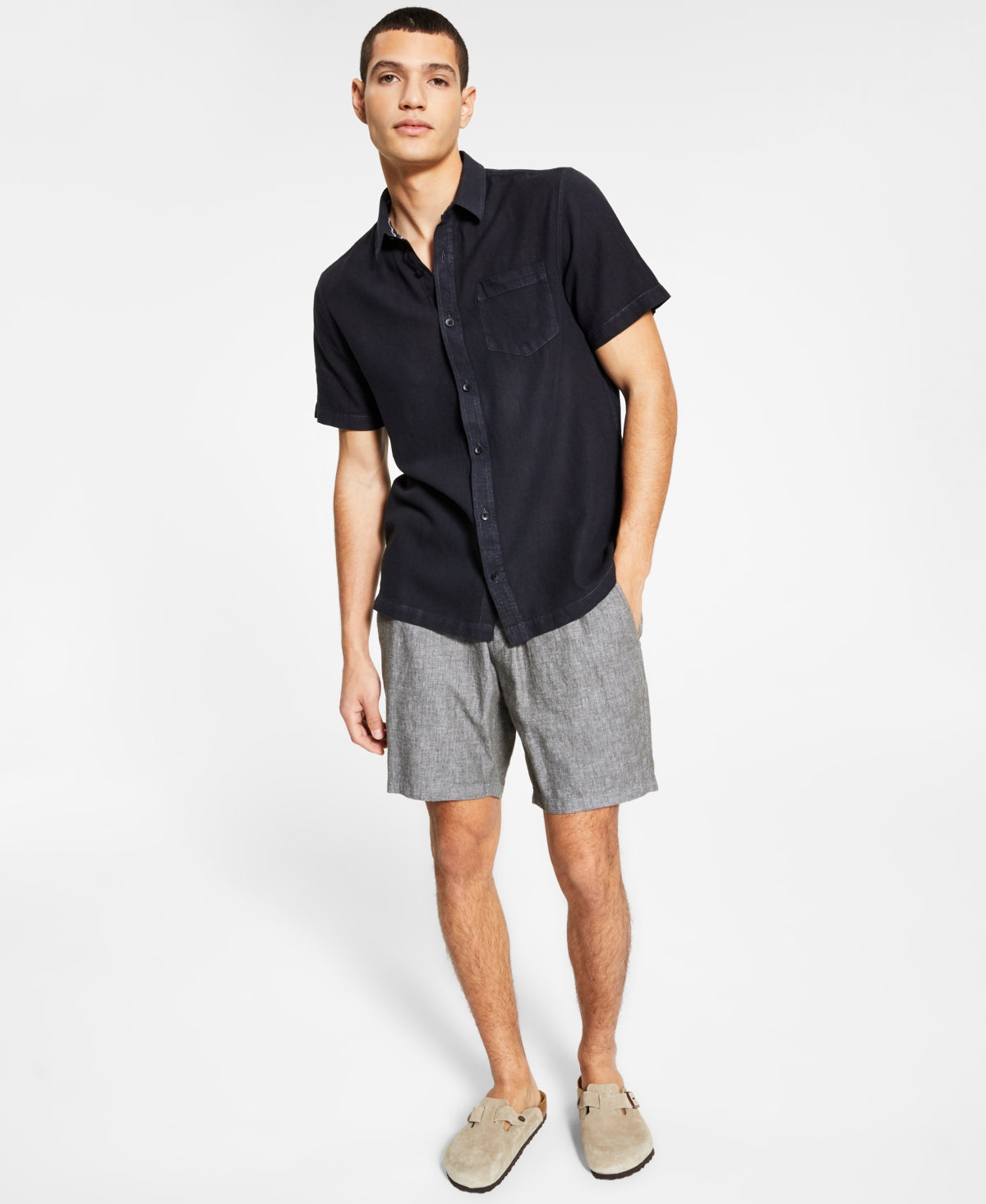 Sun + Stone Mens Declan Regular fit Linen Blend Shirt Black Small