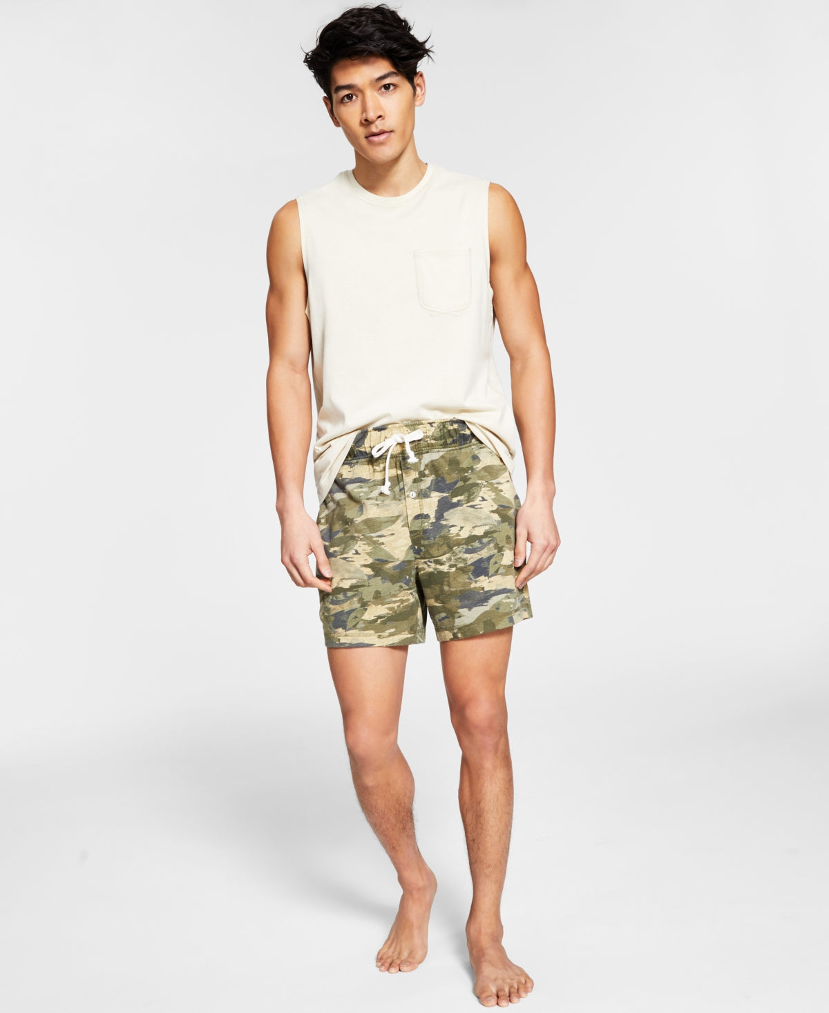 Sun Stone Mens Green Camo Knit Pajama Shorts Medium