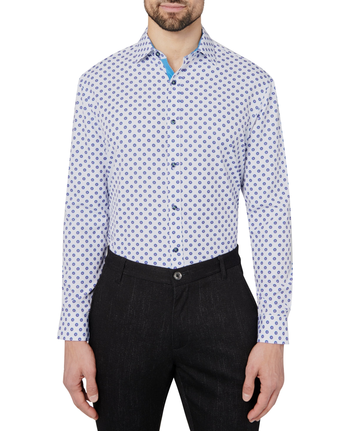 Men's Slimfit Floral Medallion Dress Shirt White/Navy Xl  Society Of Threads