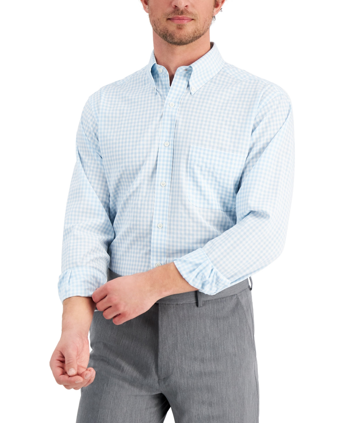 Club Room Mens Gingham Button-Down Dress Shirt Shirt Lt Blue 18 34 35
