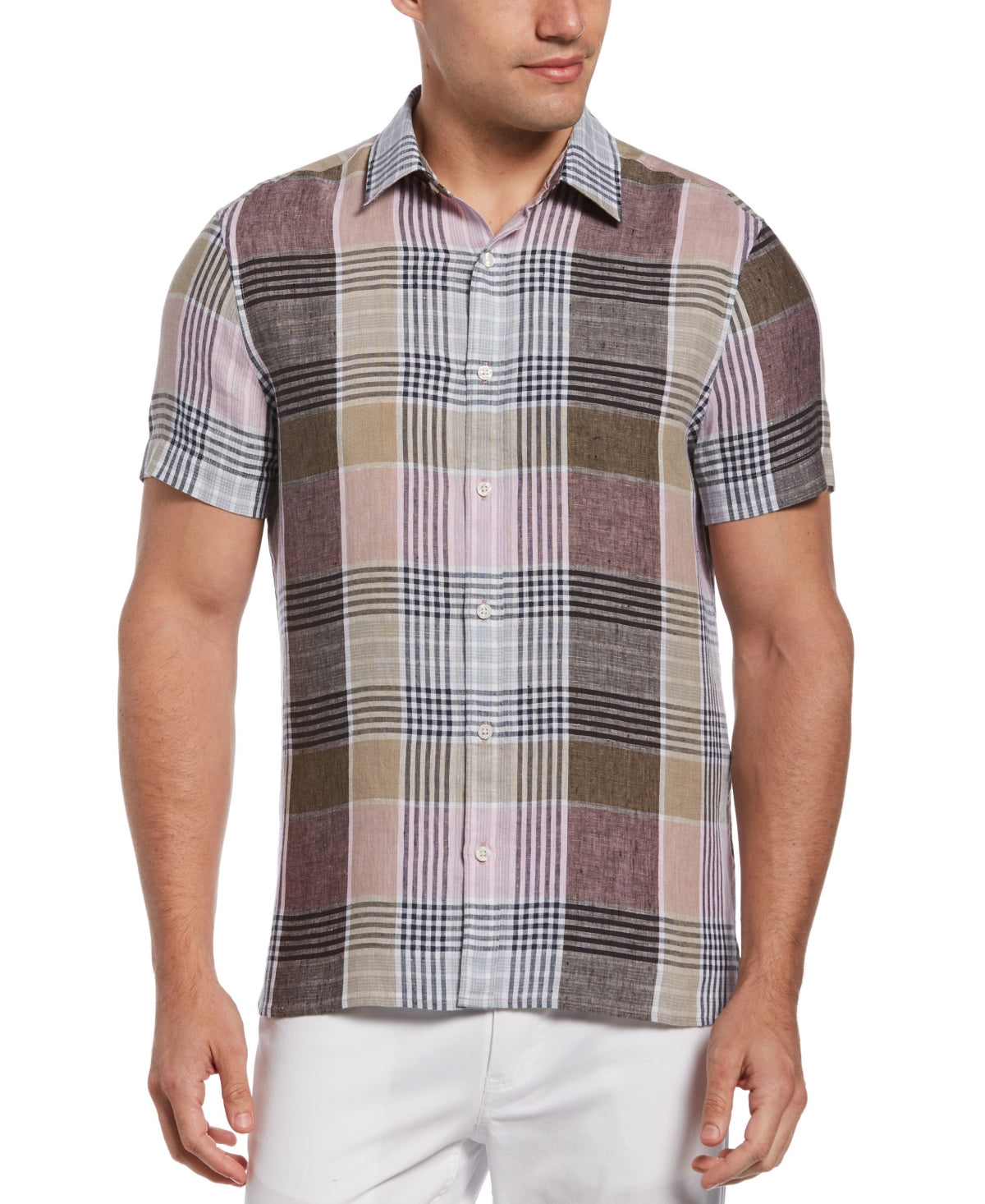 Perry Ellis Men's Check Short Sleeve Button-Down Shirt XXL Linen Pink Tan