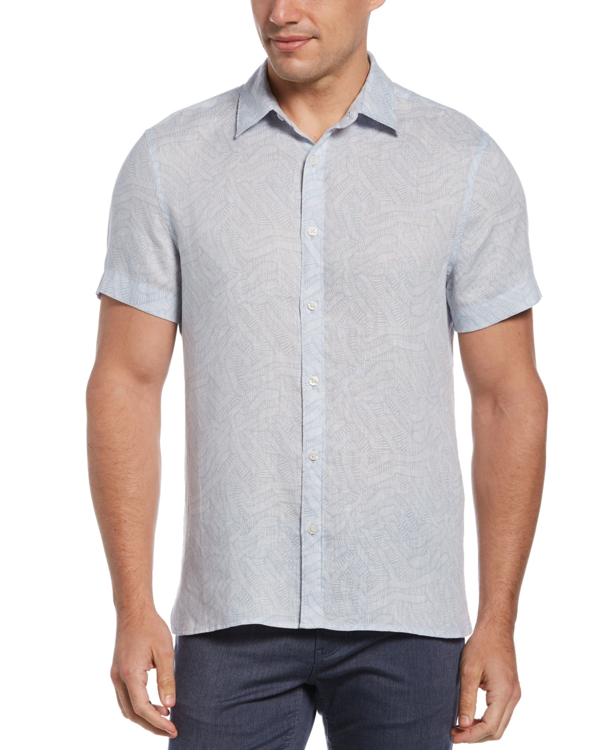 Perry Ellis Men's Line Print Short Sleeve Button-Down Shirt XXL Blue LINEN