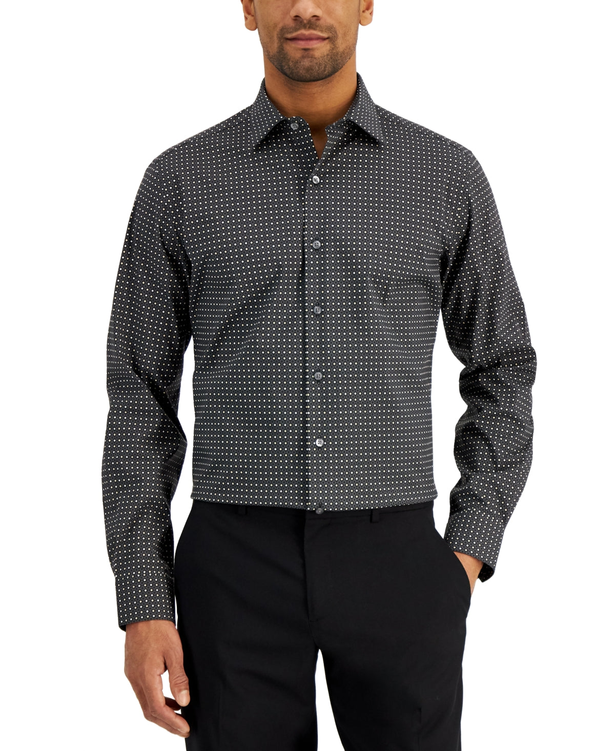 Alfani Men's Geo-Print Dress Shirt Black Tan 16.5 / 32-33 - Large