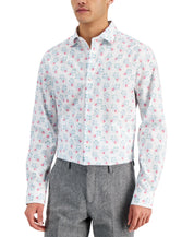 Bar III Mens Button Down Berry-Print Dress Shirt White Pink Large