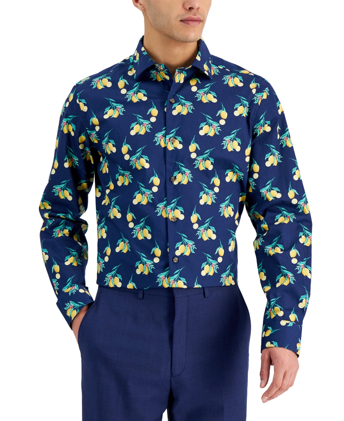 Bar III Men's Lemon Print Button Down Dress Shirt Blue Yellow Small
