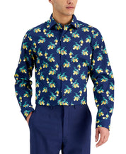 Bar III Men's Lemon Print Button Down Dress Shirt Blue Yellow Small