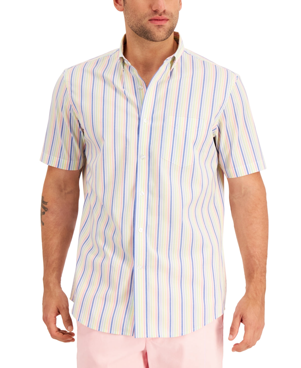 Club Room Mens Multi Stripe Short Sleeve Button Down Shirt White Combo Small