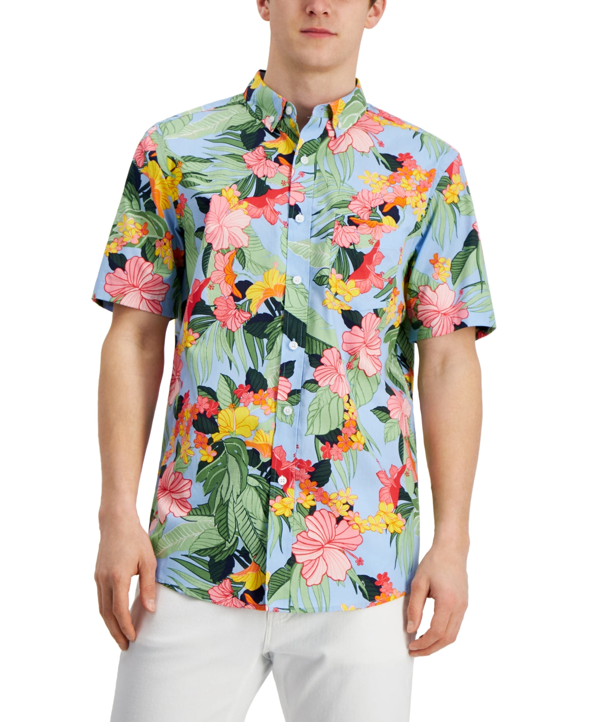 Club Room Men's Pale Ink Blue Print Short Sleeve Button Down Shirt Small