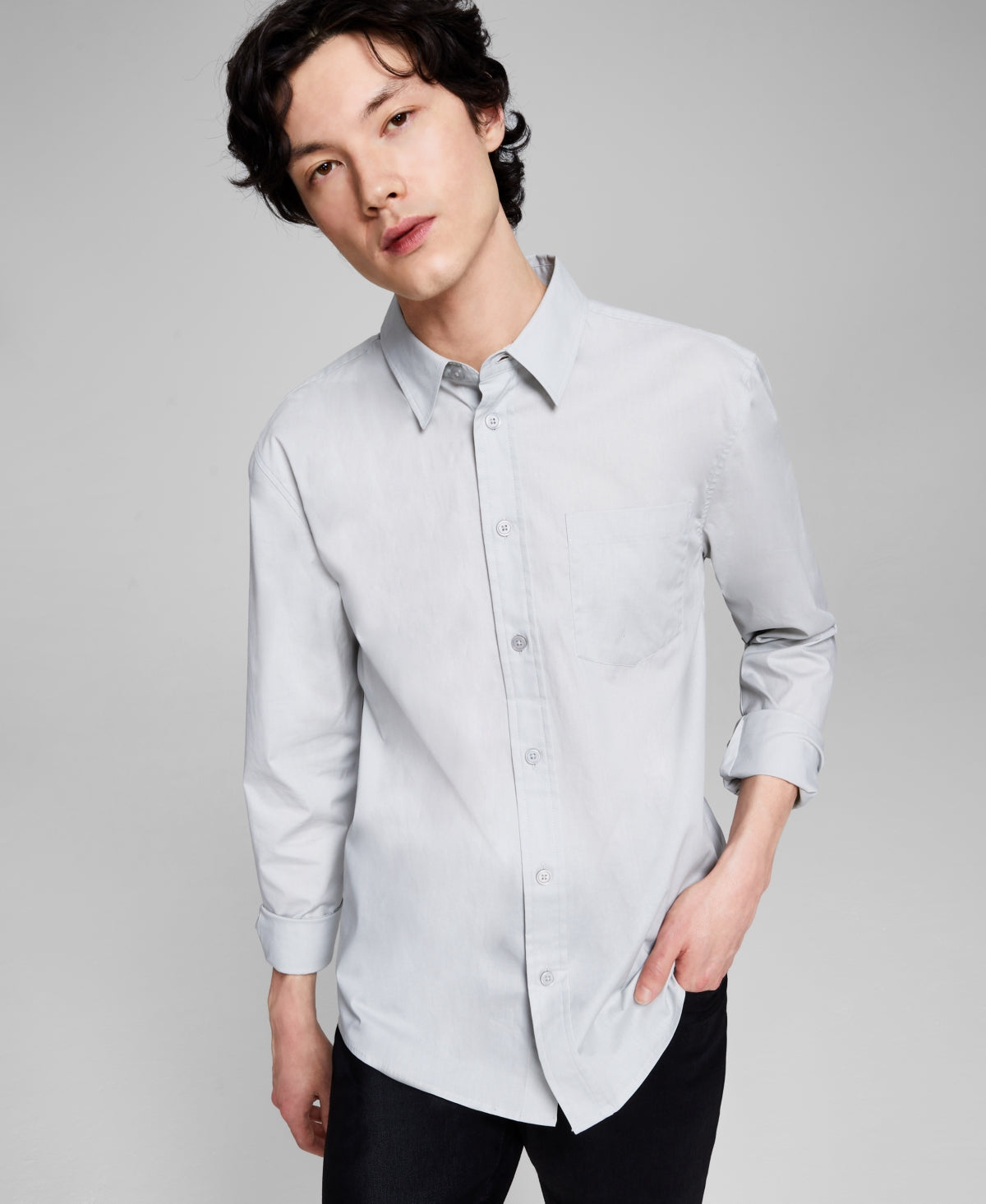 And Now This Men's Poplin Long sleeve Button Down Shirt Light Grey XL