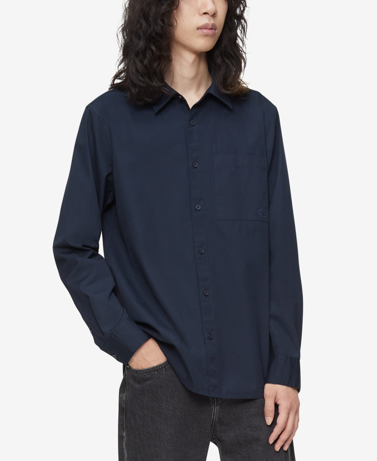 Calvin Klein Men's Solid Patch Pocket Button Down Shirt Dark Sapphire Blue Large
