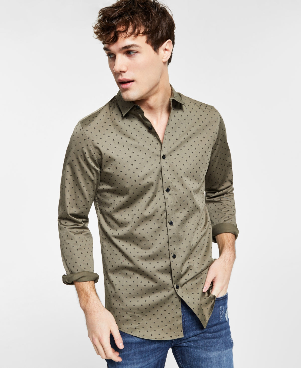 I.N.C. International Concepts Mens Slim Fit Print Button Down Shirt Green Medium
