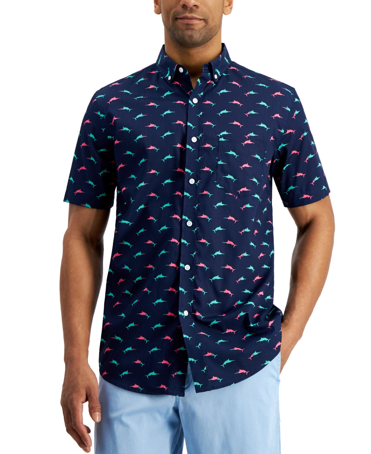 Club Room Mens Regular Fit Swordfish Short Sleeve Button Down Shirt Blue Medium