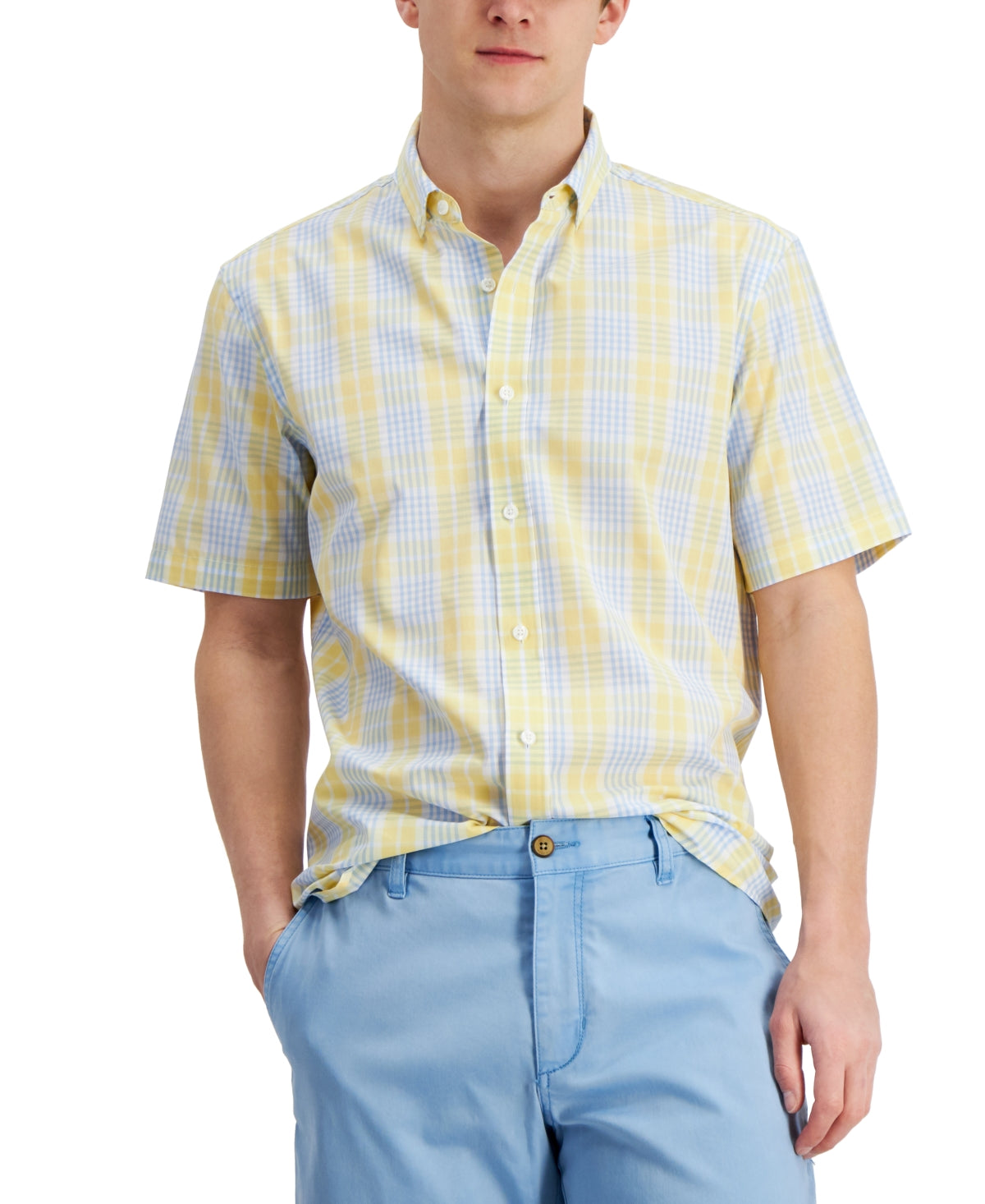 Club Room Mens Short Sleeve Printed Button Shirt Yellow XL