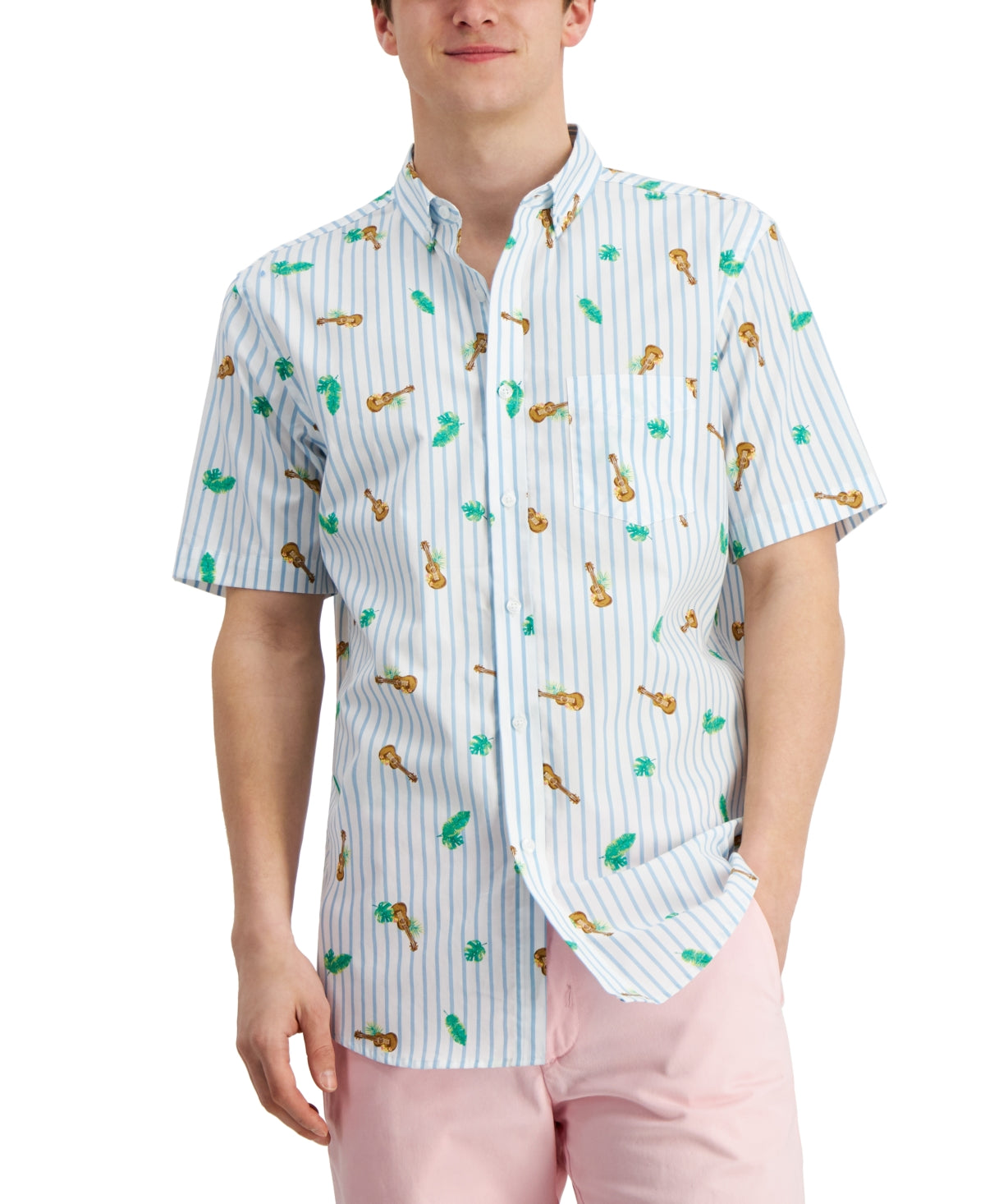 Club Room Men's Navy Blue Ukulele Print Short Sleeve Button Down Shirt Small