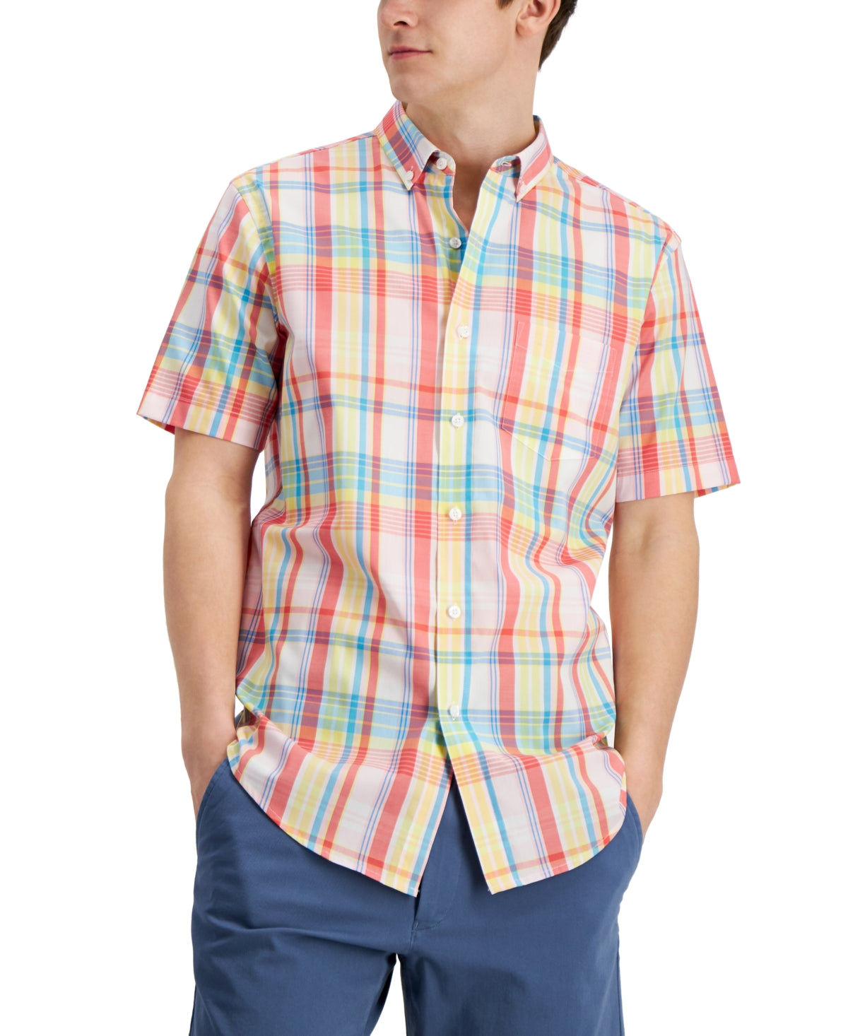 Club Room Men's Regular fit Plaid Poplin Shirt Red Medium