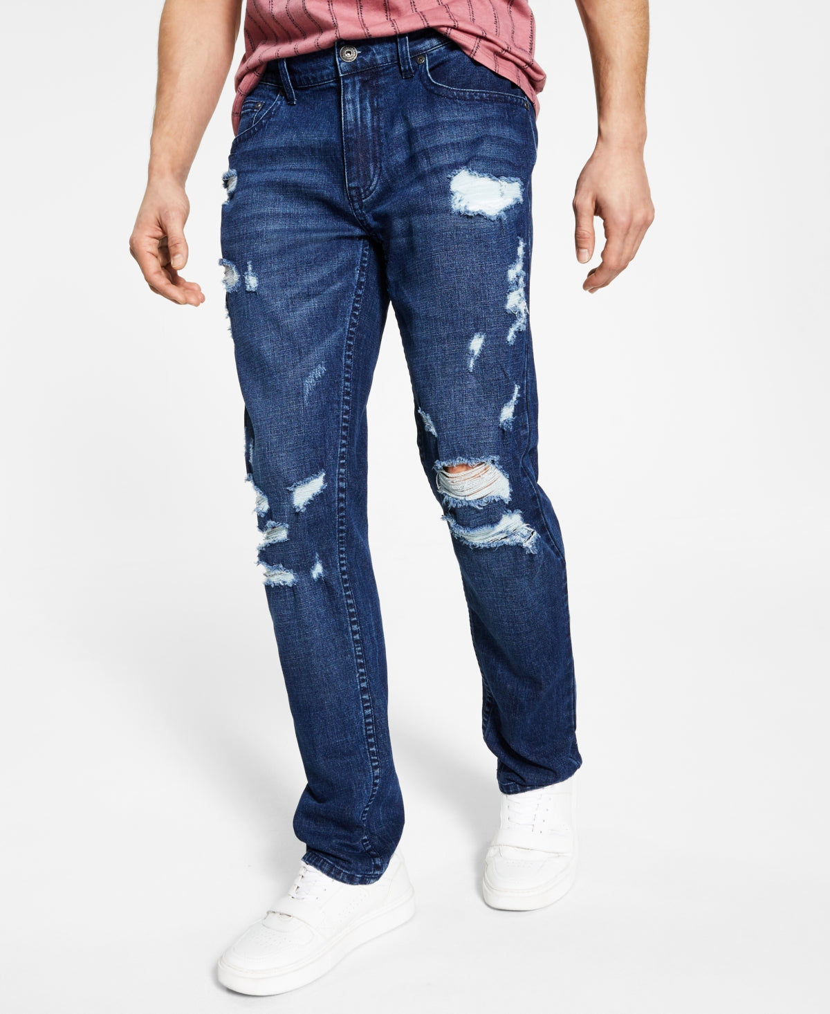 International Concepts Men's Slim Straight Destroyed Washed Jeans  Dark Blue 30 X 32