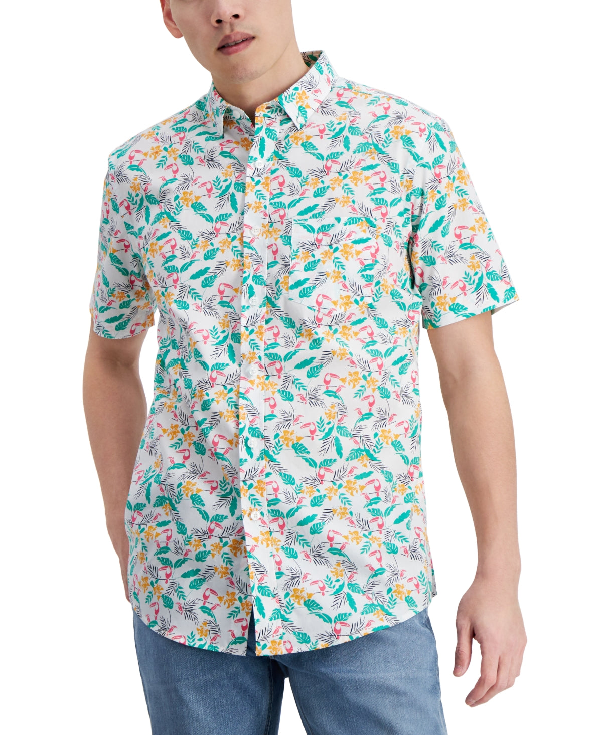 Club Room Mens Tropical Tou White Combo Button Down Short Sleeve Shirt Medium