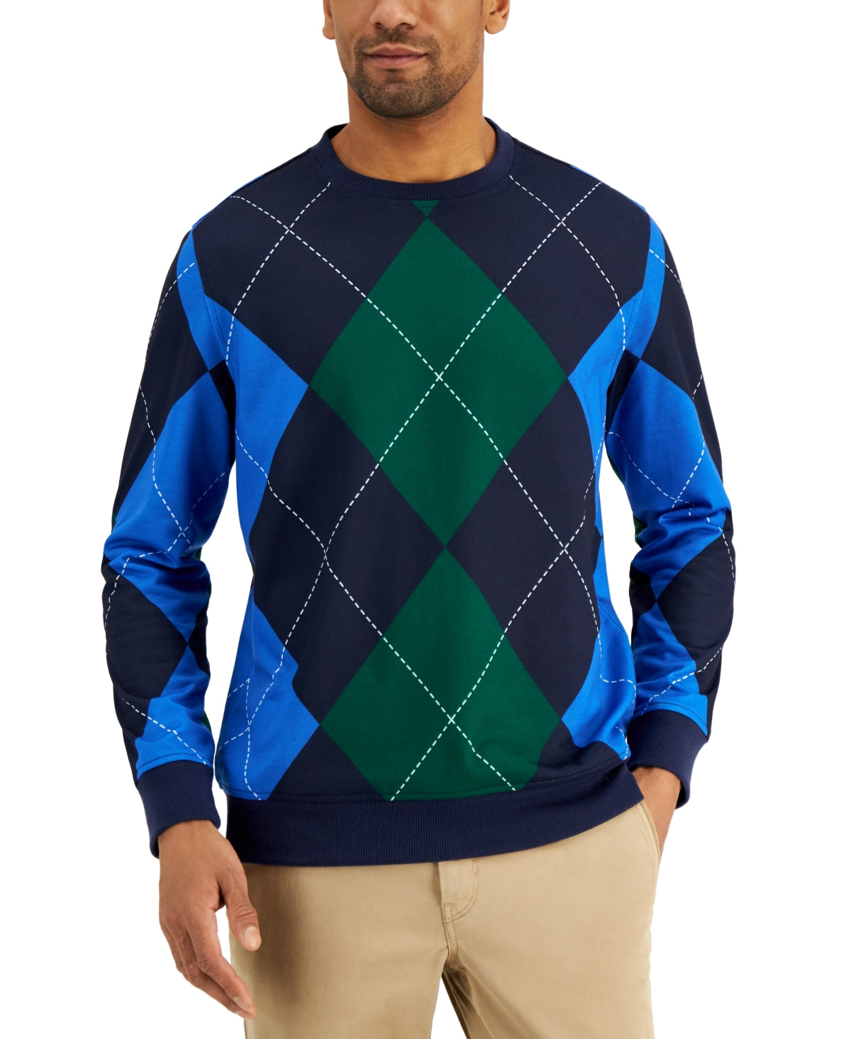 Club Room Men's Regular Fit Argyle French Terry Crewneck Sweatshirt Blue Large