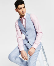 Bar Iii Mens Slim fit Button-Up Suit Vest Medium Blue Linen