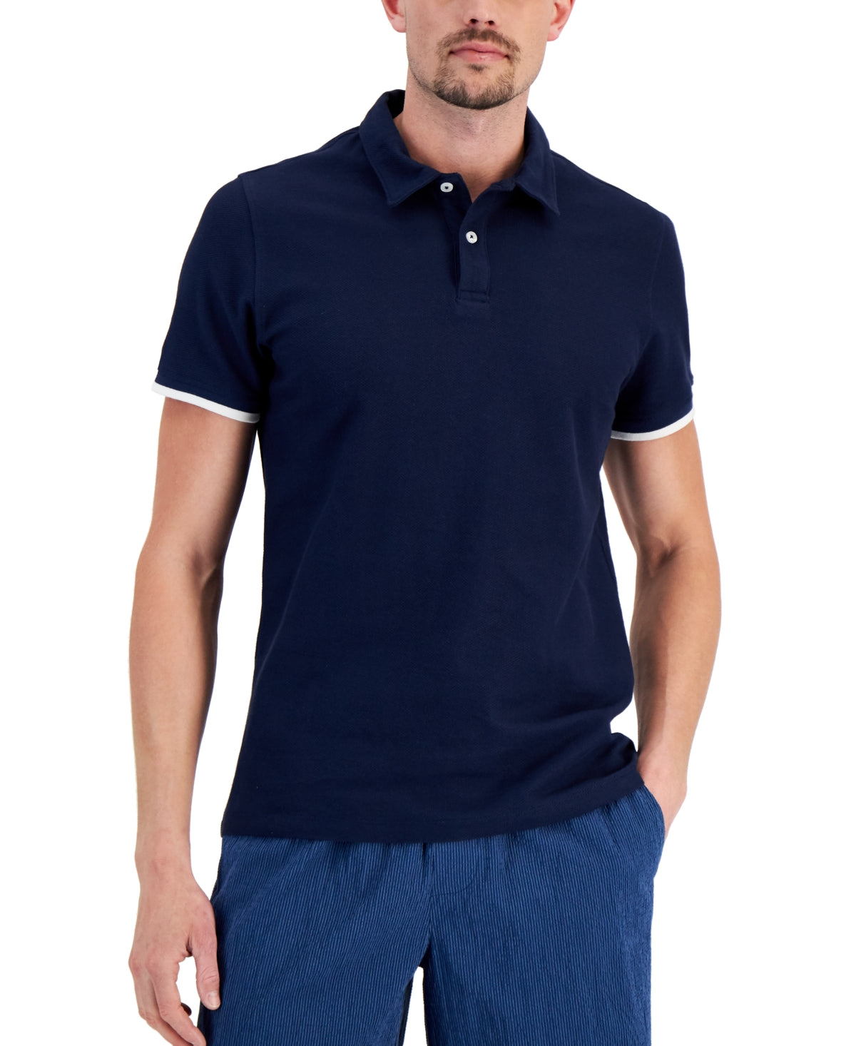 Alfani Mens Regular Fit Tipped Short Sleeve Polo Shirt Neo Navy Blue Large