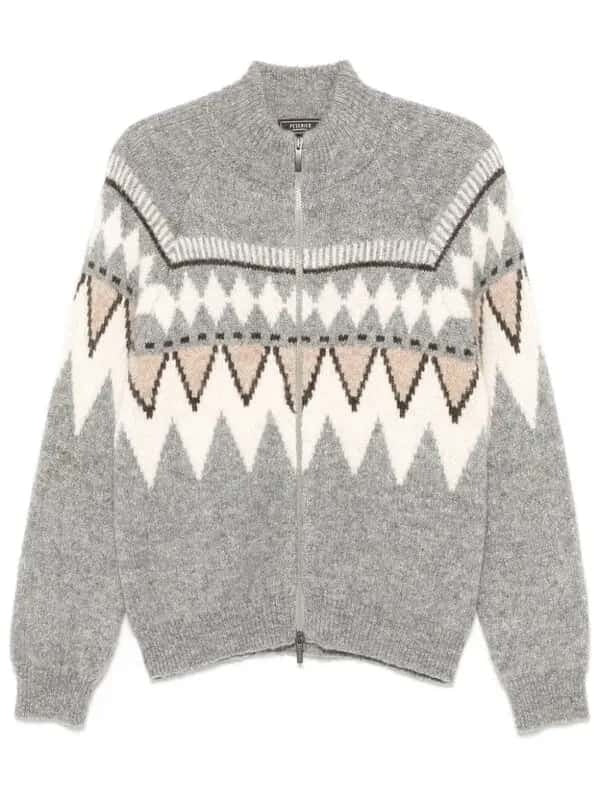 Peserico Mens Intarsia knit Cardigan Full Zip Sweater EU 50 US 40 Grey