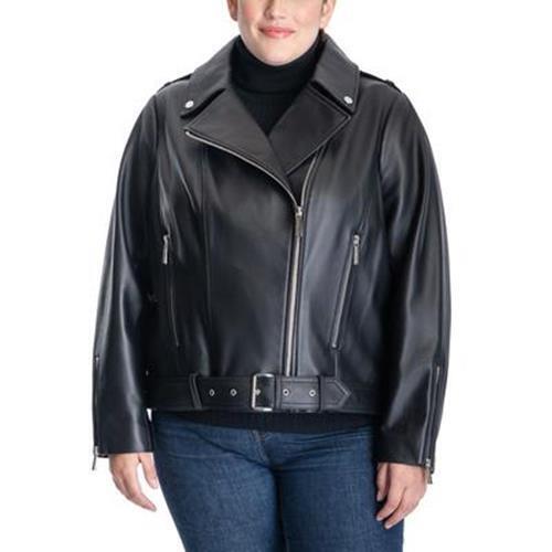 Michael Kors Women's Plus Size Belted Leather Moto Jacket Black 0X