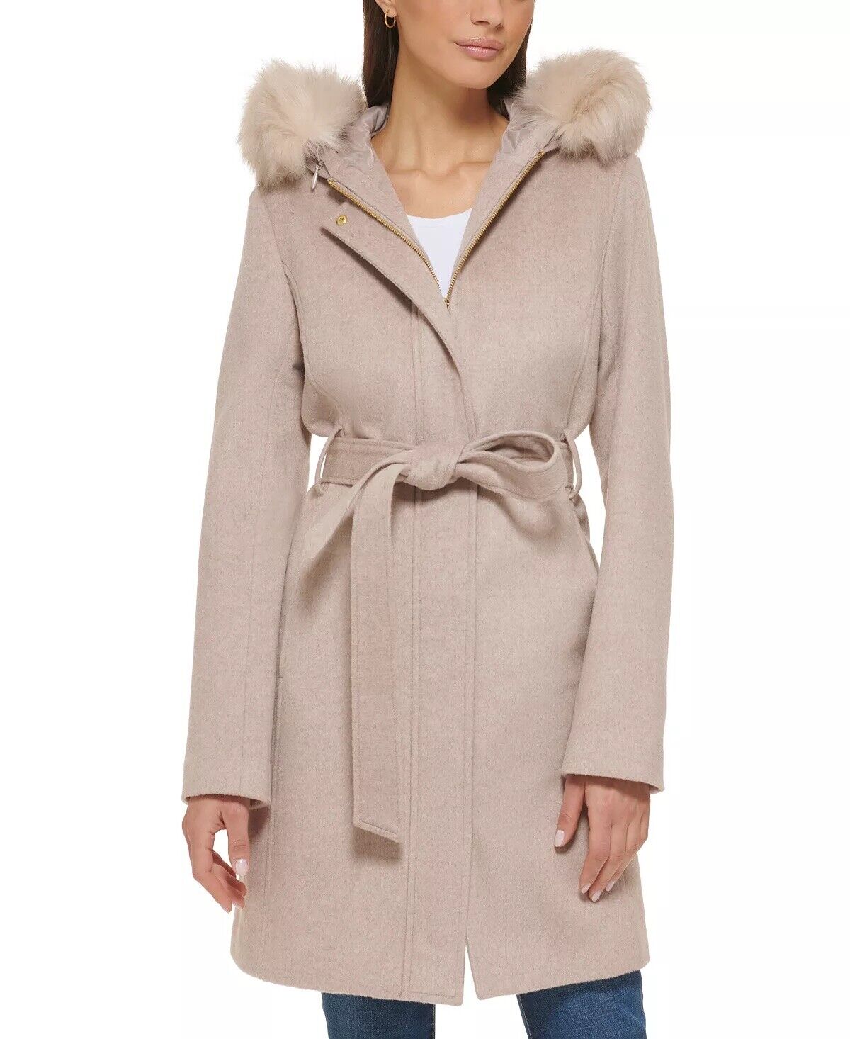 Cole Haan Women's Belted Coat Beige Bone Size 12 NO HOOD