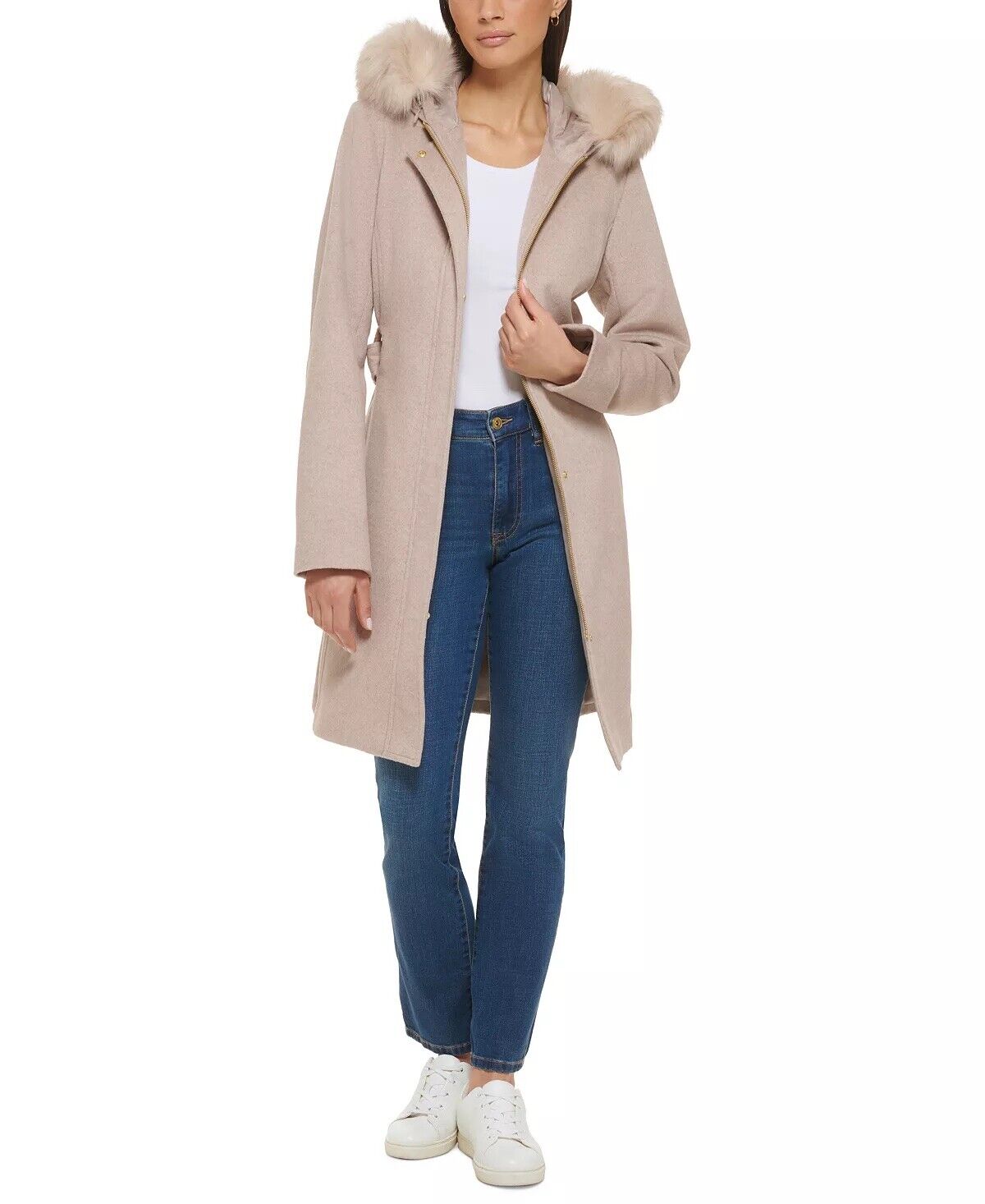 Cole Haan Women's Belted Coat Beige Bone Size 12 NO HOOD
