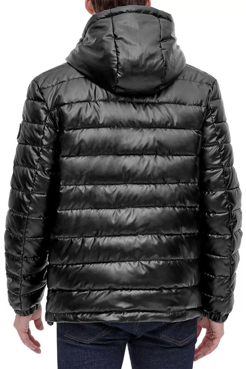 Cole Haan Men's Faux-Leather Puffer Coat Black / Olive Small