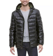 Cole Haan Men's Faux-Leather Puffer Coat Black / Olive Small