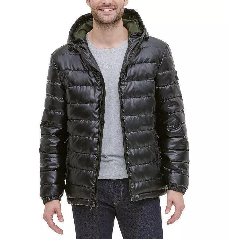 Cole Haan Men's Faux-Leather Puffer Coat Black / Olive Small
