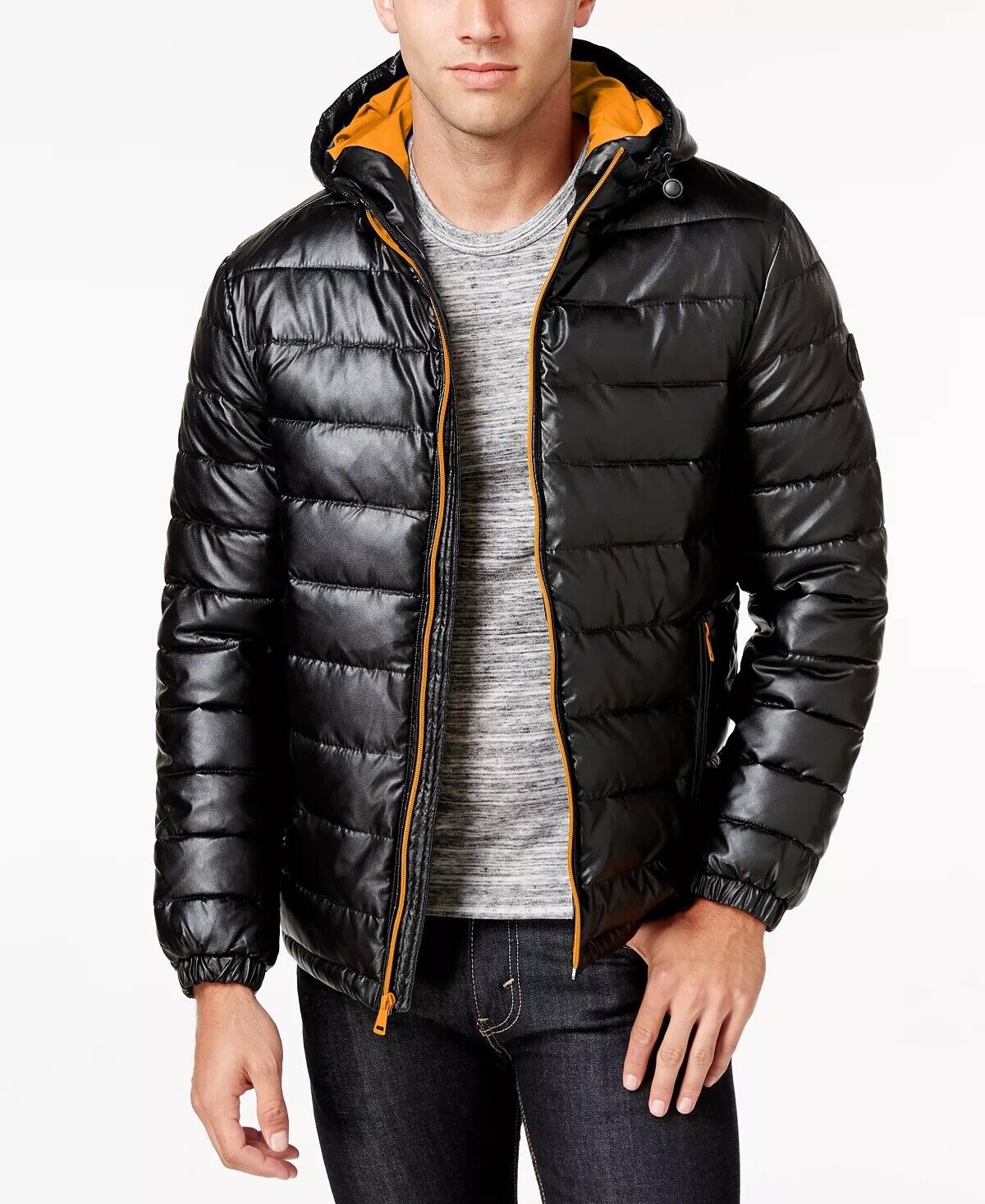 Cole Haan Men's Faux-Leather Puffer Coat Black / Orange Small